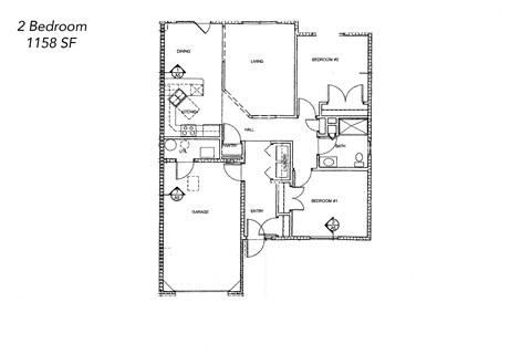 Floor plan for 2 beds, 1 bath, 1158 sqft